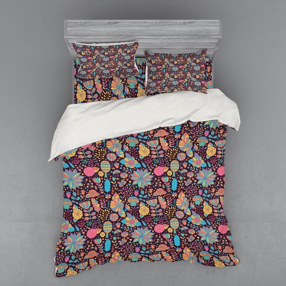 Ambesonne Flower Bedding Set 4 Pcs, Doodle Scattered Dots, Queen, Multicolor
