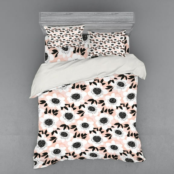 Ambesonne Flower Bedding Set 4 Pcs, Floral Pastel Soft, Queen, Pale Pink White Black