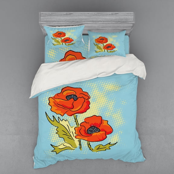 Ambesonne Flower Bedding Set 4 Pcs, Graphical Poppies Pattern, Queen, Pale Blue Vermilion