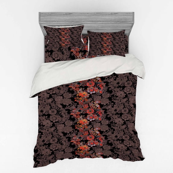Ambesonne Flower Bedding Set 4 Pcs, Japanese Vivid Florals, Queen, Black Orange Mustard