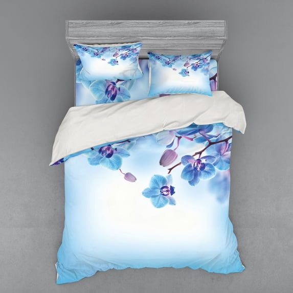 Ambesonne Flower Bedding Set 4 Pcs, Orchids Nature, Queen, Blue and Purple