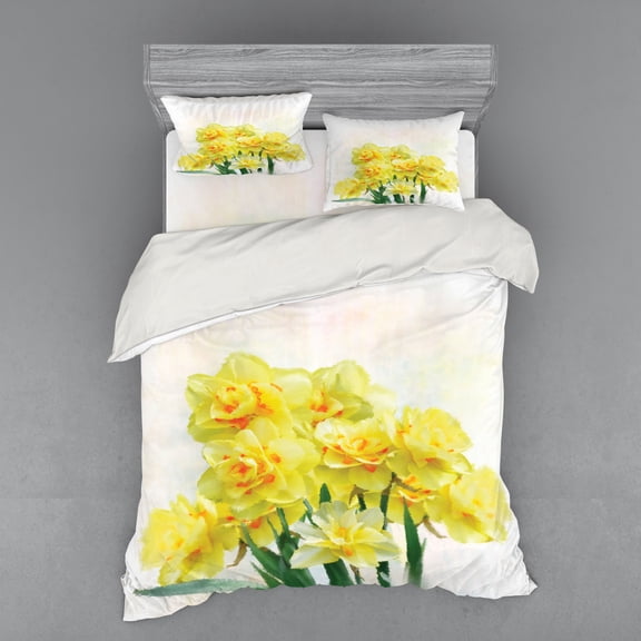 Ambesonne Flower Bedding Set 4 Pcs, Paint of Daffodils Bouquet, Queen, Yellow Green