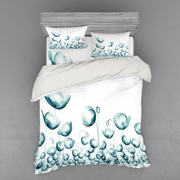 Ambesonne Flower Bedding Set 4 Pcs, Poppy Flora Windy Day, Queen, White Teal