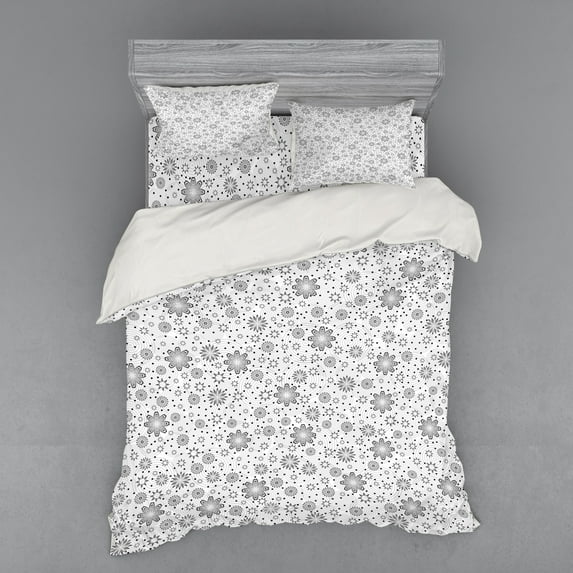 Ambesonne Flower Bedding Set 4 Pcs, Rotary Round Rings Dots, Queen, White