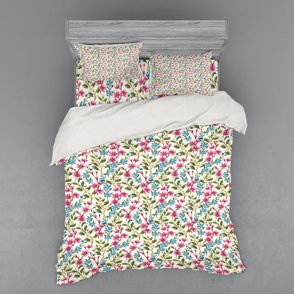 Ambesonne Flower Bedding Set 4 Pcs, Shabby Plant Leaves Buds, Queen, Pink and Blue