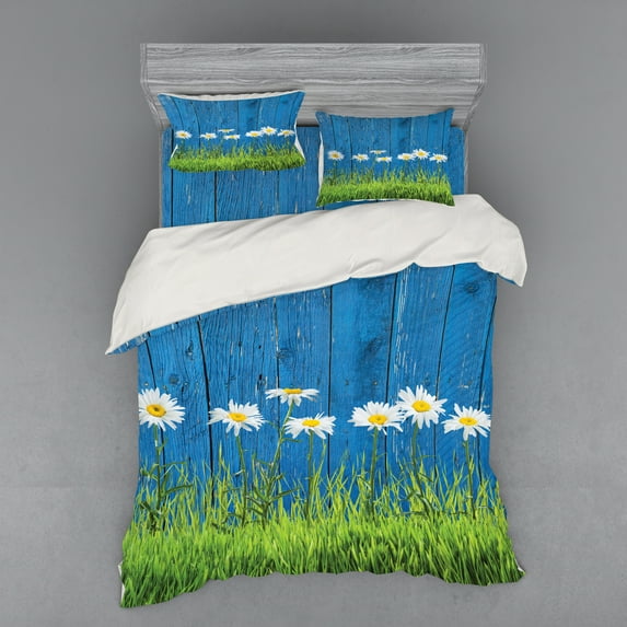 Ambesonne Flower Bedding Set 4 Pcs, Spring Grass and Daisy, Queen, Blue Green White