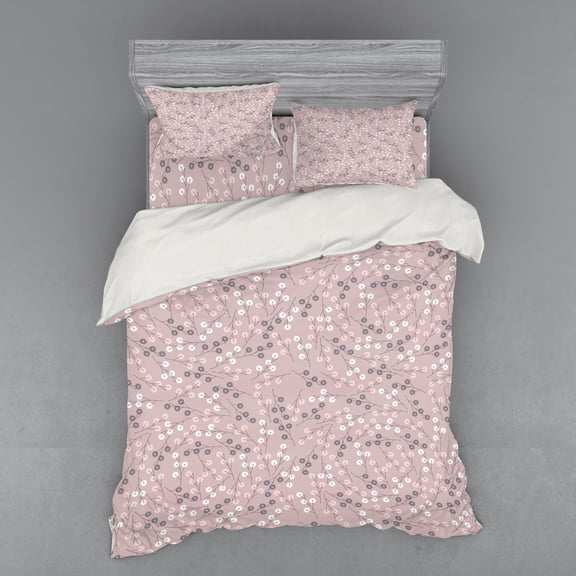 Ambesonne Flower Bedding Set 4 Pcs, Swirling Branches Springtime, Queen, Taupe Grey Dried Rose