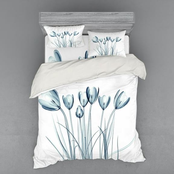 Ambesonne Flower Bedding Set 4 Pcs, Tulips with Solar Effect, Queen, Dark Petrol Blue White