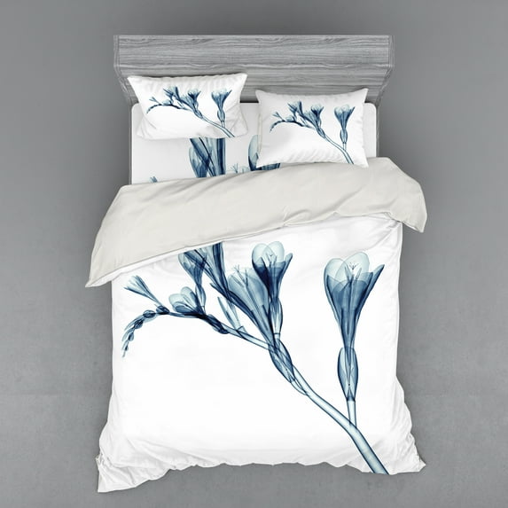 Ambesonne Flower Bedding Set 4 Pcs, Uv Style X-ray Plant Motif, Queen, Teal White