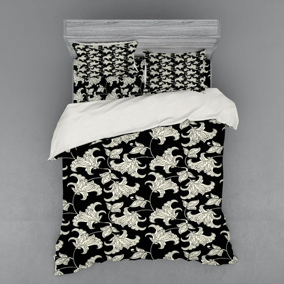 Ambesonne Flower Bedding Set 4 Pcs, Vintage Style Blossom Design, Queen, Black and Ivory