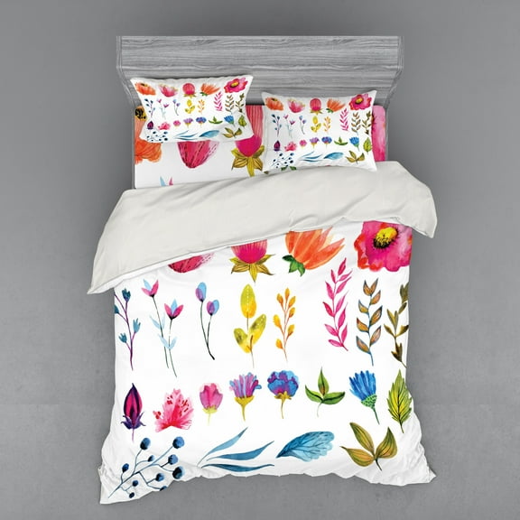 Ambesonne Flower Bedding Set 4 Pcs, Watercolor Garden Design, Queen, Multicolor