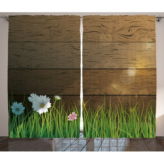 Ambesonne Flower Curtains 2 Panel Set, Chamomile Field Grass, 108" x 90", Green Brown