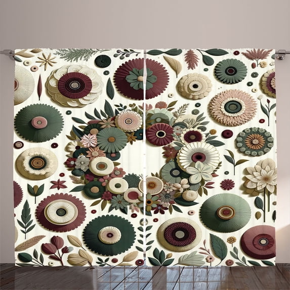 Ambesonne Flower Curtains 2 Panel Set, Contemporary Roundy Floral, 108" x 90", Eggshell Dried Rose Green