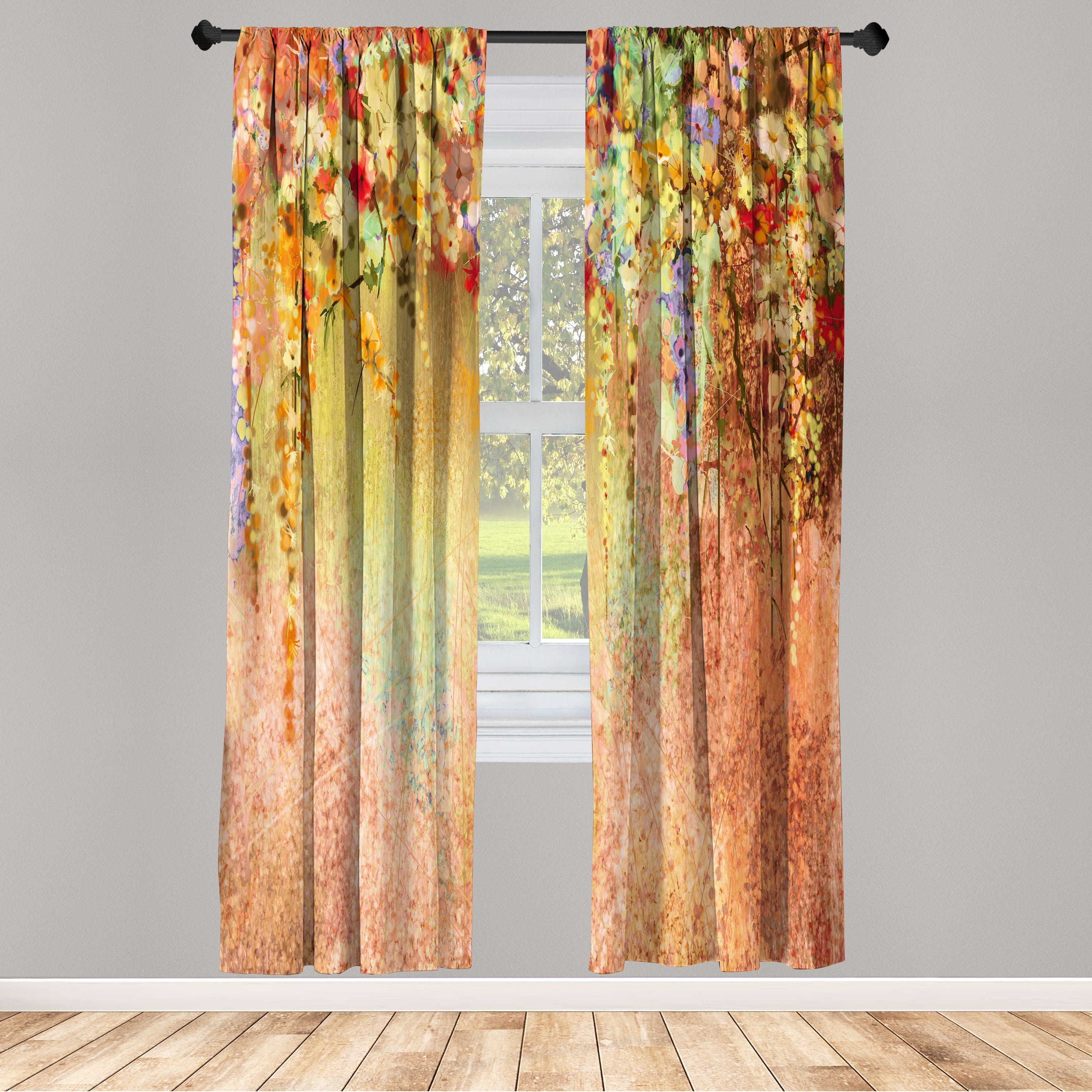 Floral Abstract Yellow and Orange Microfiber Rod Pocket Curtain Panels, 28" x 84"