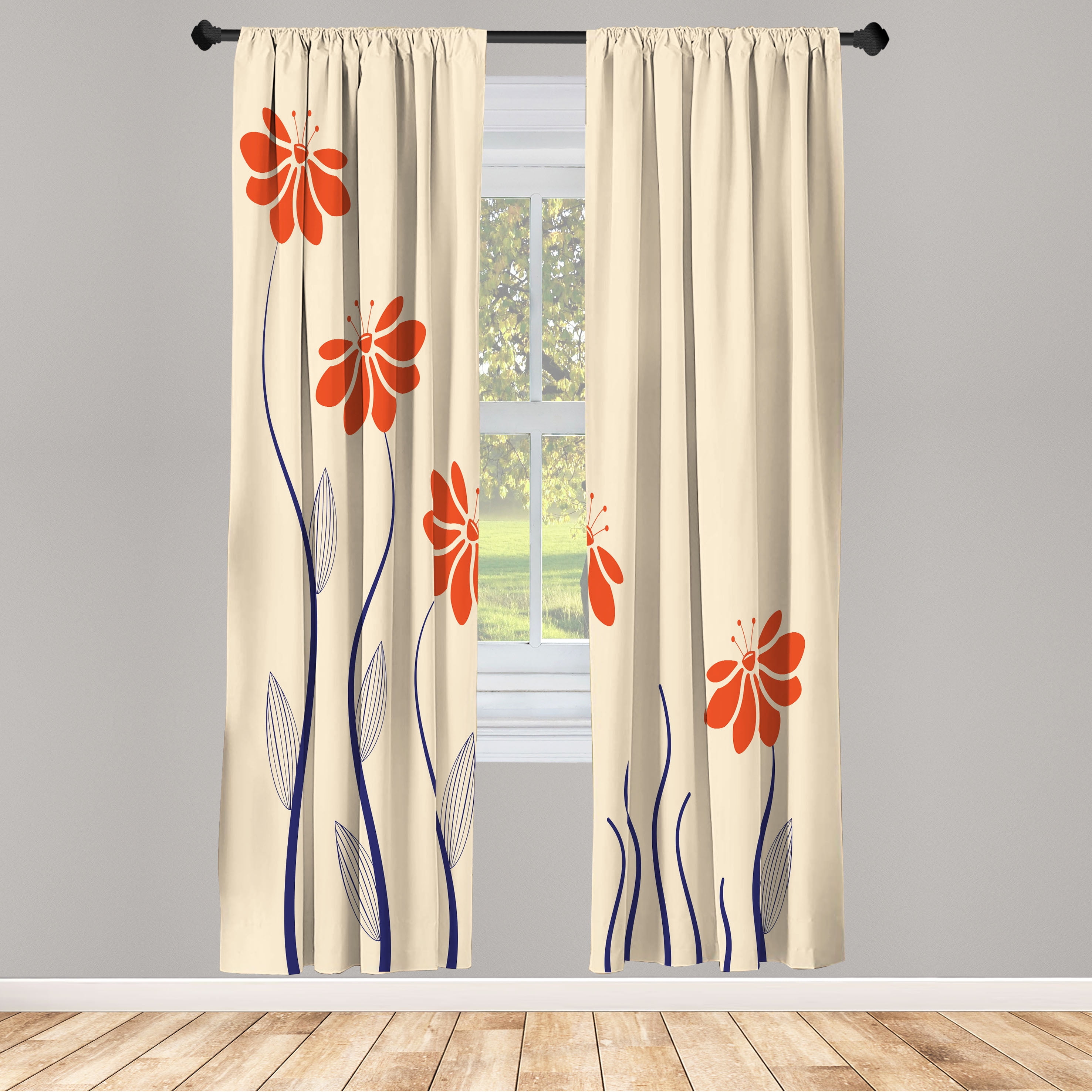 84" Orange and Blue Floral Microfiber Rod Pocket Curtain Panels