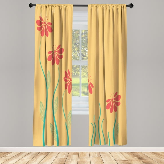 Ambesonne Flower Curtains, Floral Petals Geometric Art, Pair of 28"x84", Mustard Coral