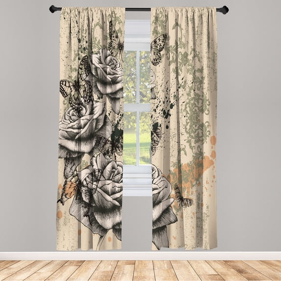 Ambesonne Flower Curtains, Grunge Roses Composition Art, Pair of 28"x95", Evergreen
