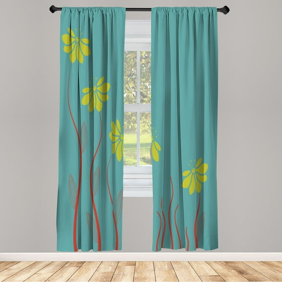 Ambesonne Flower Curtains, Striped Leaves Print Modern, Pair of 28"x63", Teal Yellow