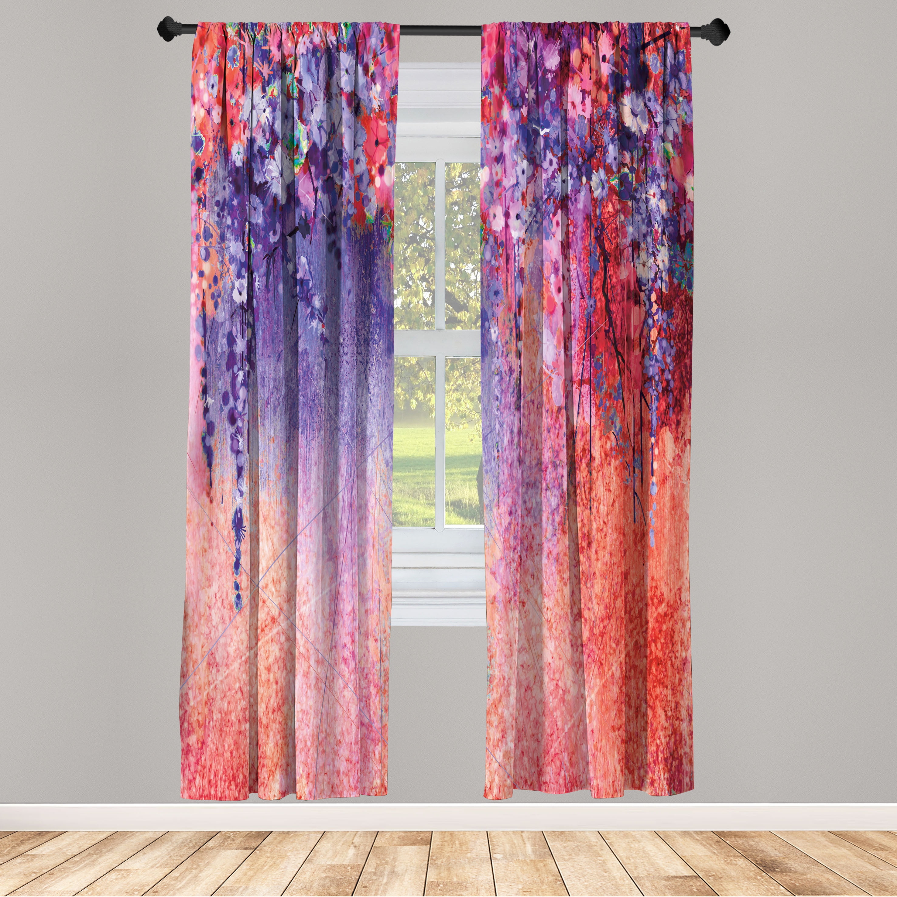 Blue and Red Floral Microfiber Semi-Sheer Rod Pocket Curtain Panels, 28" x 84"