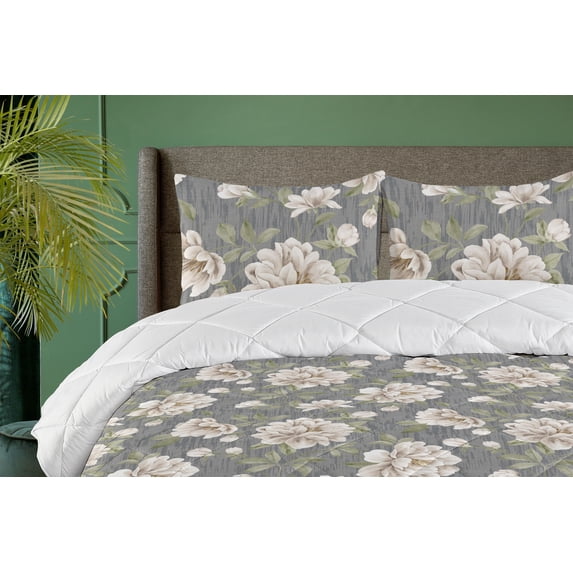 Ambesonne Flower Down Alternative Quilt Comforter, Grunge Spring Flower Leaves, Twin XL, Peacock Green Cream
