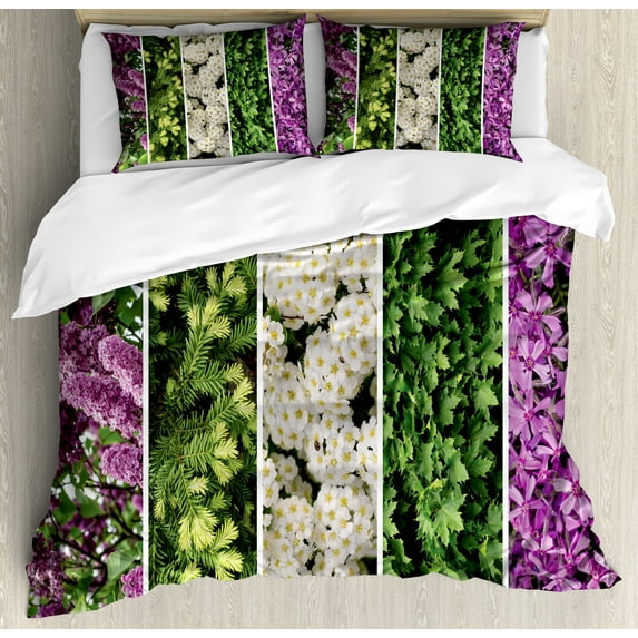 Ambesonne Flower Duvet Cover Set, Blooming Bouquet Romance, 2-Calking, Green Violet