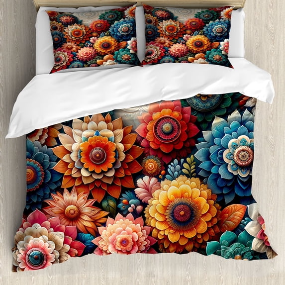 Ambesonne Flower Duvet Cover Set, Contemporary Delicate Floral, Queen, Vermilion Teal Sea Blue