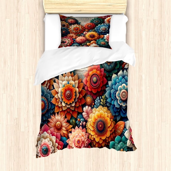 Ambesonne Flower Duvet Cover Set, Contemporary Delicate Floral, Twin, Vermilion Teal Sea Blue