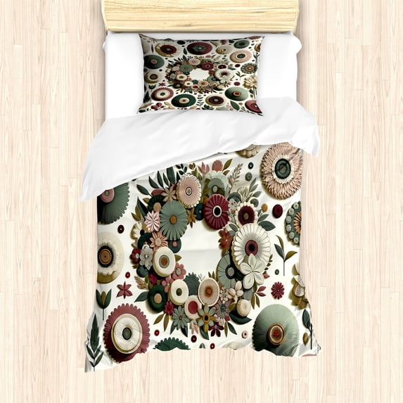 Ambesonne Flower Duvet Cover Set, Contemporary Roundy Floral, Twin, Eggshell Dried Rose Green