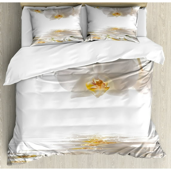 Ambesonne Flower Duvet Cover Set, Orchids on Rippling Water, King, Off White Orange