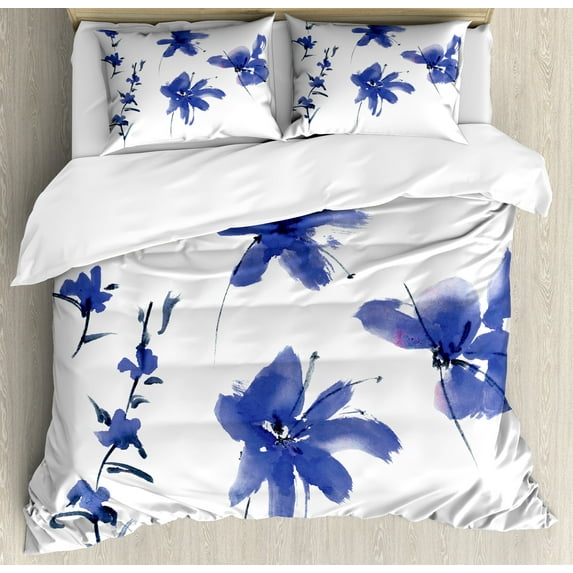 Ambesonne Flower Duvet Cover Set, Oriental Art, King, Dark Violet