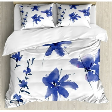 Ambesonne Flower Duvet Cover Set, Oriental Art, Queen, Dark Violet