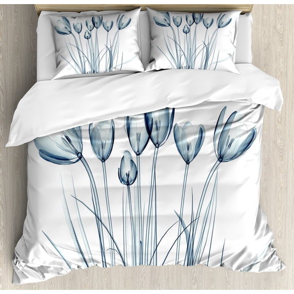 Ambesonne Flower Duvet Cover Set, Tulips with Solar Effect, King, Dark Petrol Blue White