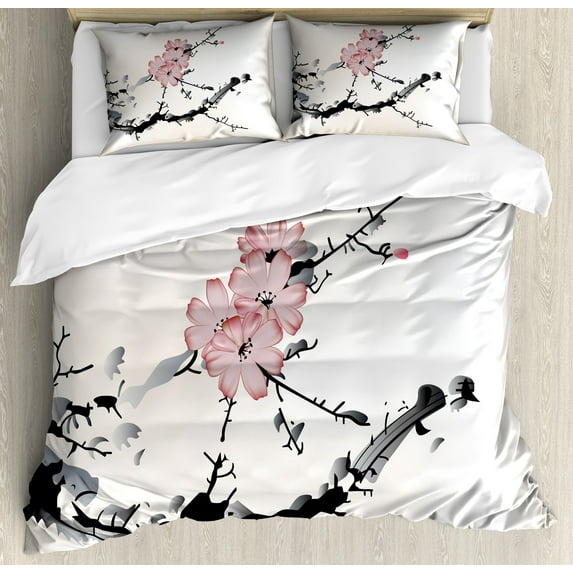 Ambesonne Flower Duvet Cover Set, Watercolor Art, 2-Calking, Pink Black