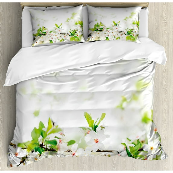Ambesonne Flower Duvet Cover Set, White Spring Blossoms, Queen, White Green