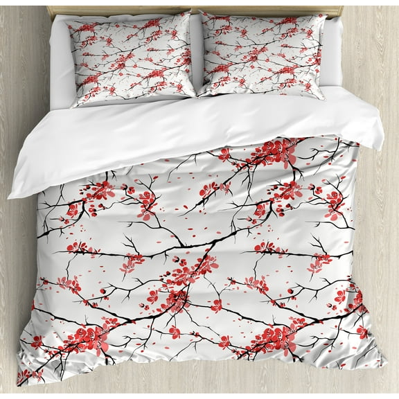 Ambesonne Flower Duvet Cover Set, Windy April Weather, Calking, Coral Black