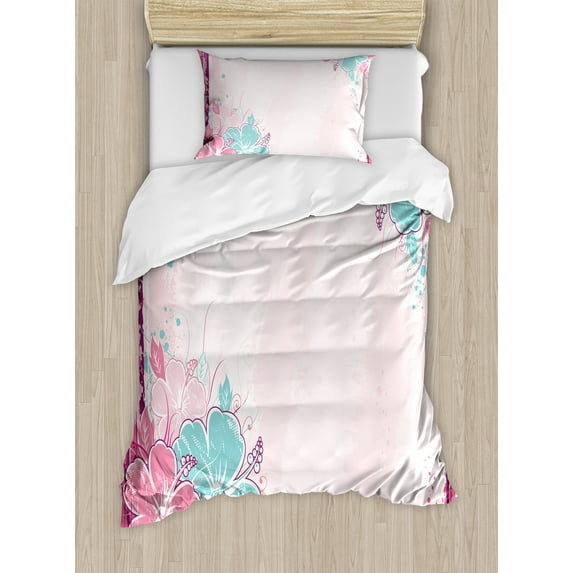 Ambesonne Flower Duvet Cover Sets, Bouquet of Hibiscus Art, 2-Twin, Turquoise Pale Pink