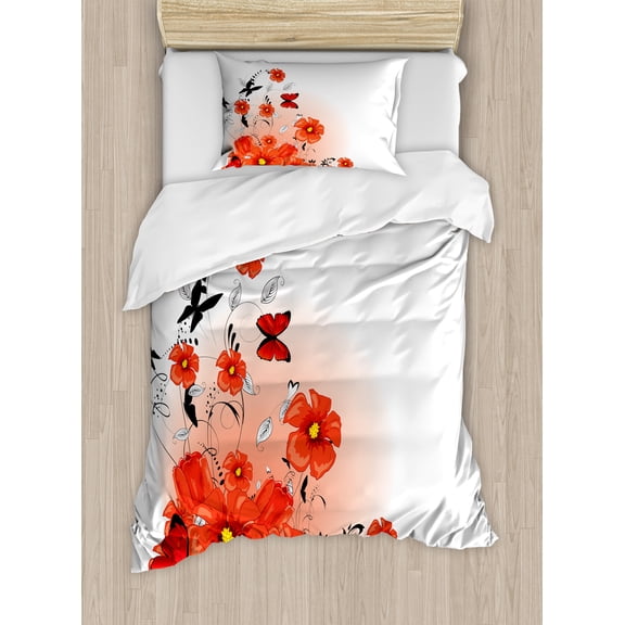 Ambesonne Flower Duvet Cover Sets, Cartoon Poppy Fresh Art, 2-Twin, Red White Black