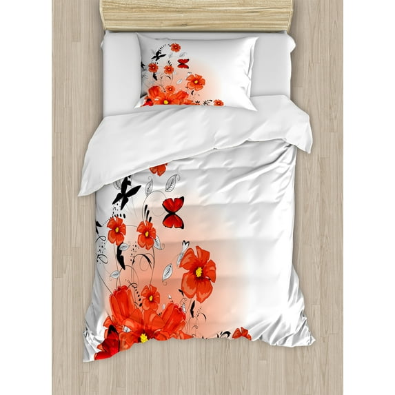 Ambesonne Flower Duvet Cover Sets, Cartoon Poppy Fresh Art, 2-Twin, Red White Black