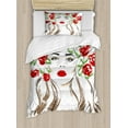 thumbnail image 1 of Ambesonne Flower Duvet Cover Sets, Lady with Floral Ornament, 2-Twin, Green Red Tan, 1 of 4