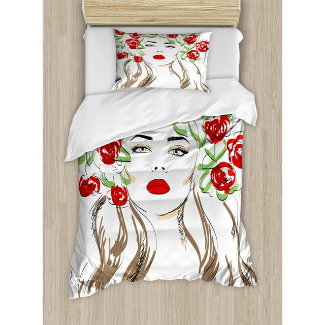Ambesonne Flower Duvet Cover Sets, Lady with Floral Ornament, 2-Twin, Green Red Tan