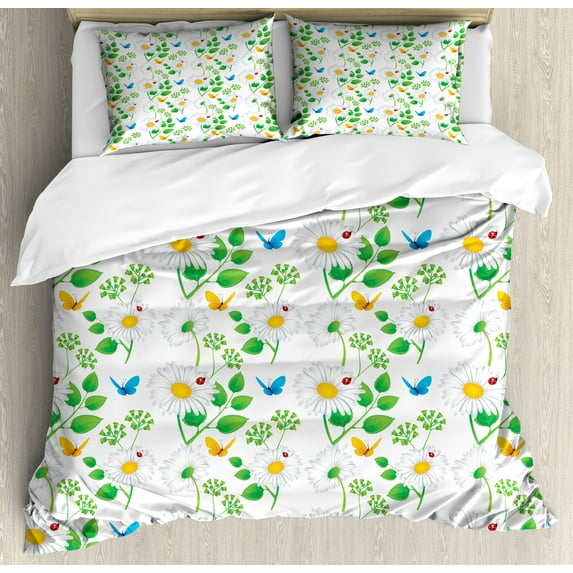 Ambesonne Flower Duvet Cover Sets, Ladybugs on Chamomiles, 2-Queen, White Green
