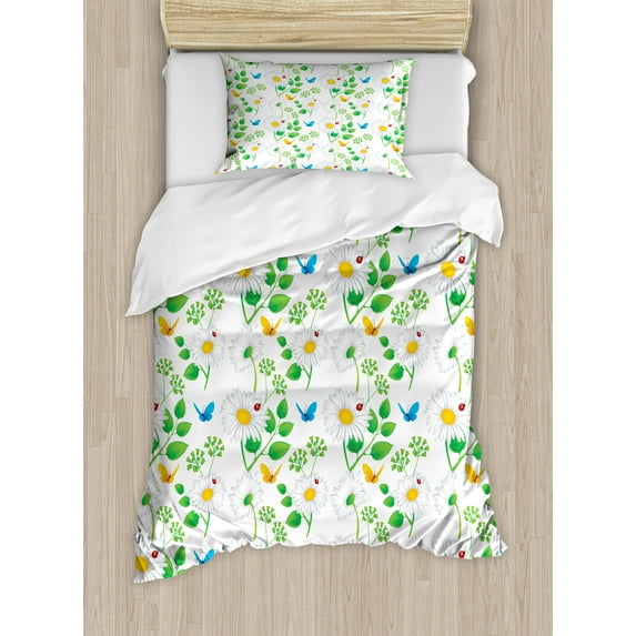 Ambesonne Flower Duvet Cover Sets, Ladybugs on Chamomiles, 2-Twin, White Green