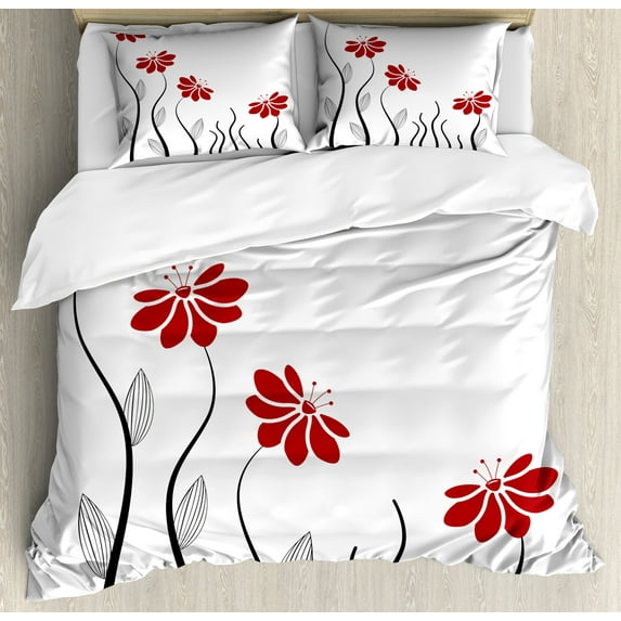 Ambesonne Flower Duvet Cover Sets, Modern Floral Petals, 2-King, Red and Black