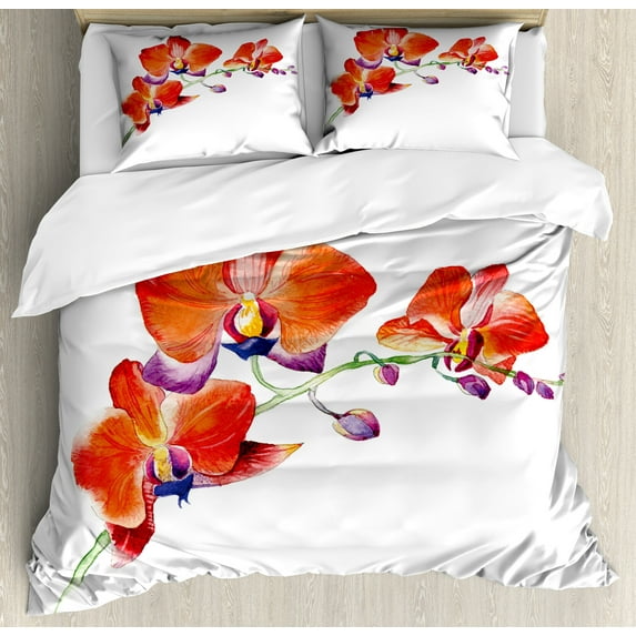 Ambesonne Flower Duvet Cover Sets, Orchid Branch Blooms, 2-Queen, Orange Violet White