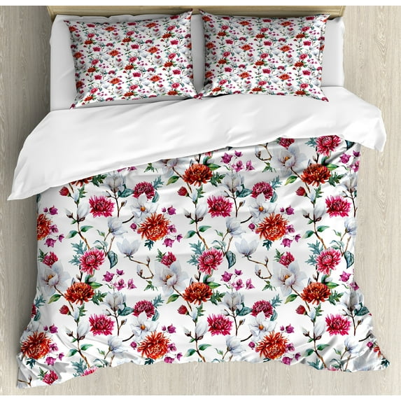 Ambesonne Flower Duvet Cover Sets, Romantic Magnolia Nature, 2-Queen, White Red Pink