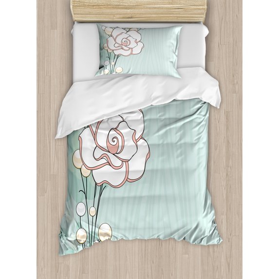Ambesonne Flower Duvet Cover Sets, Romantic Rose Pearls, 2-Twin, Pale Blue White Pink