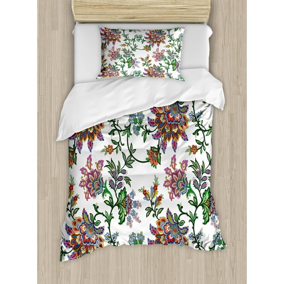 Ambesonne Flower Duvet Cover Sets, Vintage Floral Ornaments, 2-Twin, Multicolor