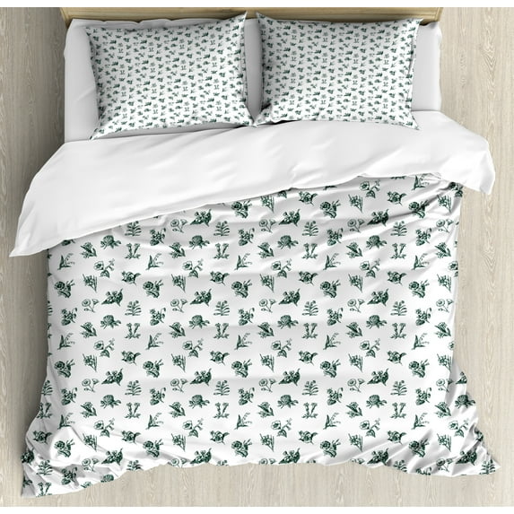 Ambesonne Flower Duvet Cover Sets, Vintage Garden Art Pattern, 2-King, White and Emerald