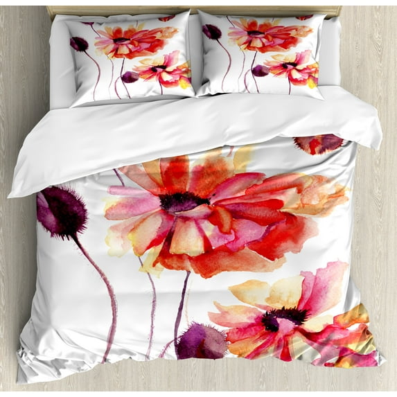 Ambesonne Flower Duvet Cover Sets, Watercolor Poppies Buds, 2-Queen, Peach Scarlet Purple