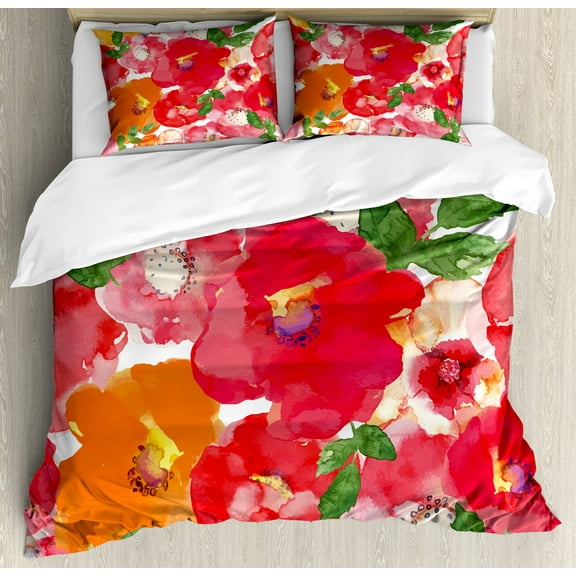 Ambesonne Flower Duvet Cover Sets, Watercolor Style Floral, 2-Queen, Red and Orange